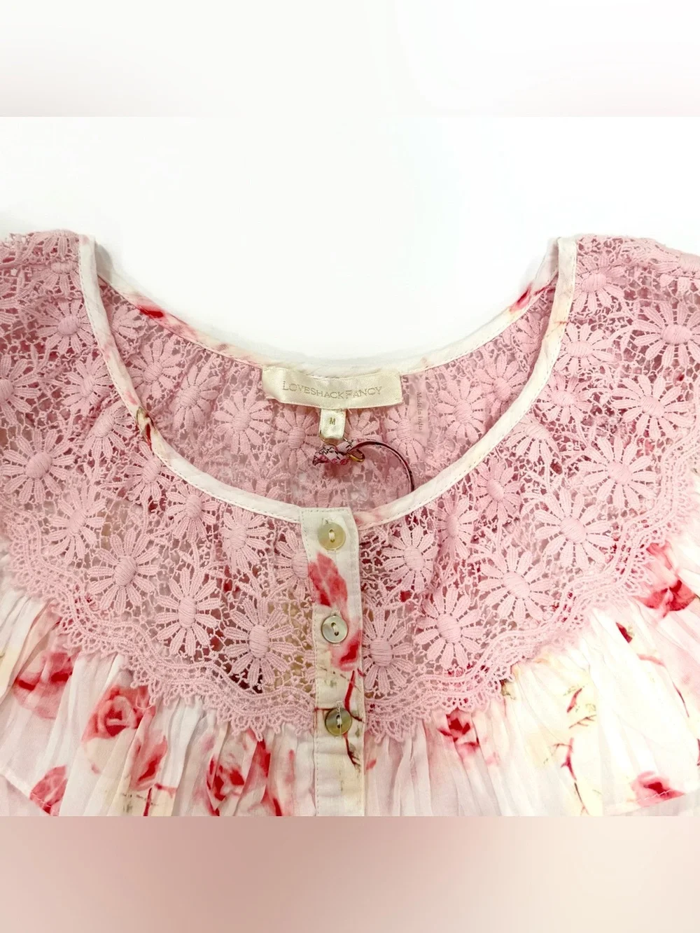 NWT LoveShackFancy Pink & Cream Floral Ruffled Cropped Blouse | Size M - Picture 5 of 6
